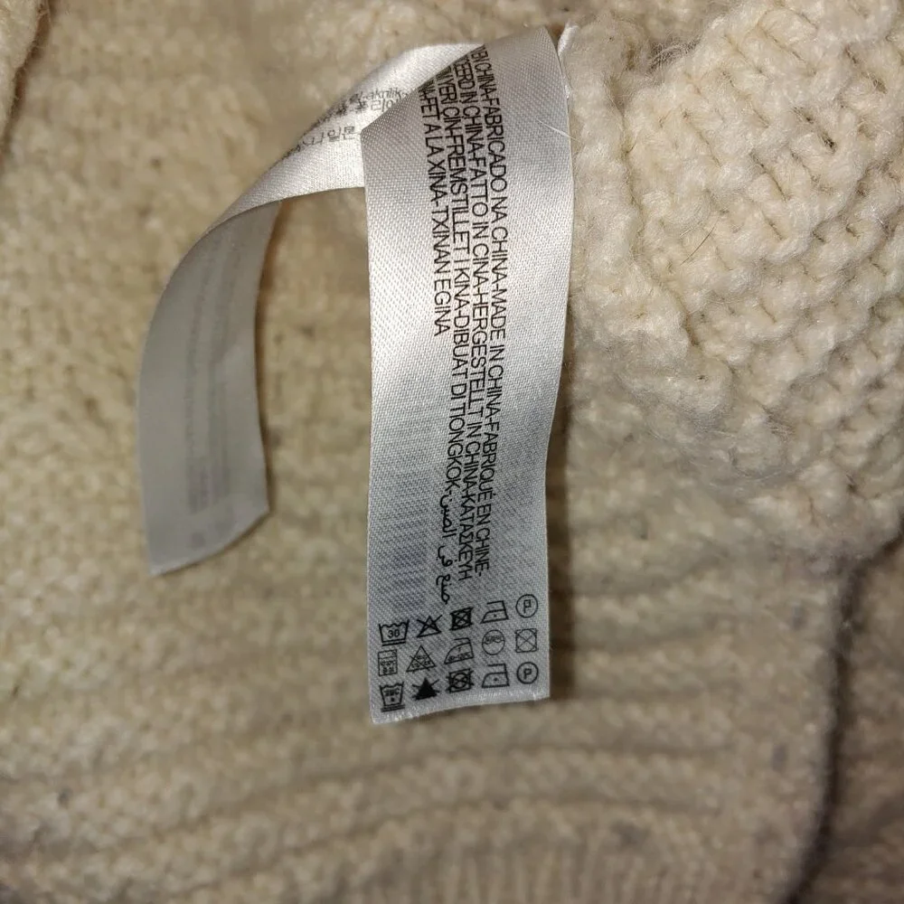 Zara Chunky Cable Knit Patchwork Fringe Details Crew Neck Sweater Size M Cream